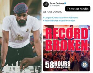 Tunde Onakoya has successfully completed his Guinness World Record-breaking 58-hour chess marathon.